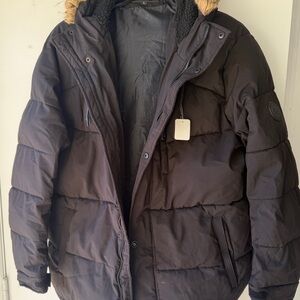 Perry Ellis Black Puffer Jacket with Tan Hood